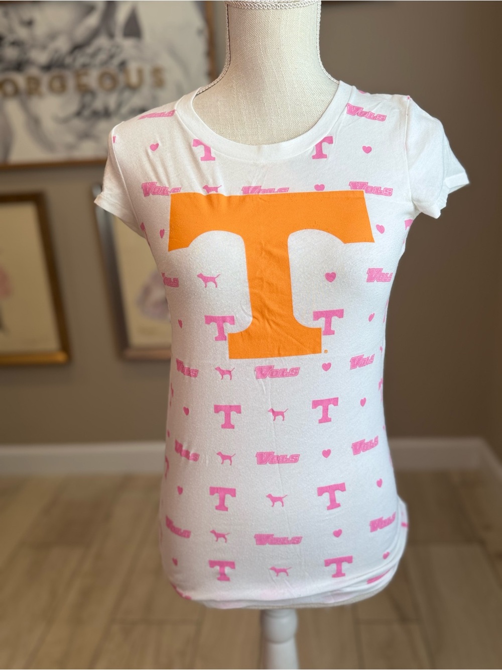 PINK Victoria's Secret White Tee with Orange and Pink Tennessee Icons